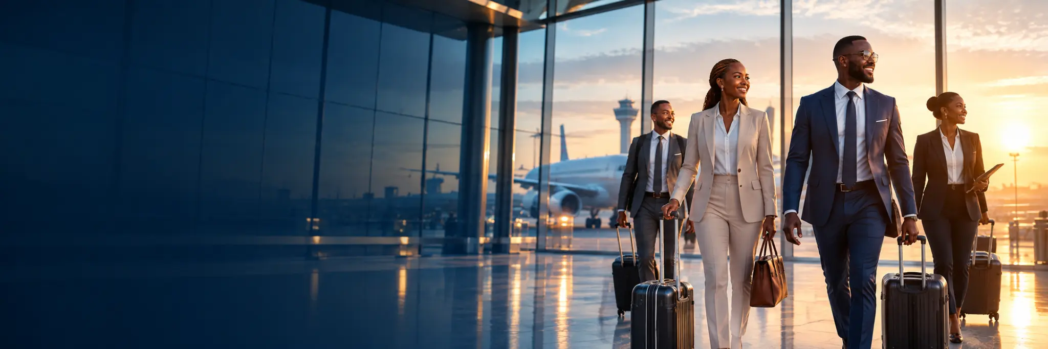 Corporate travellers walking through an airport