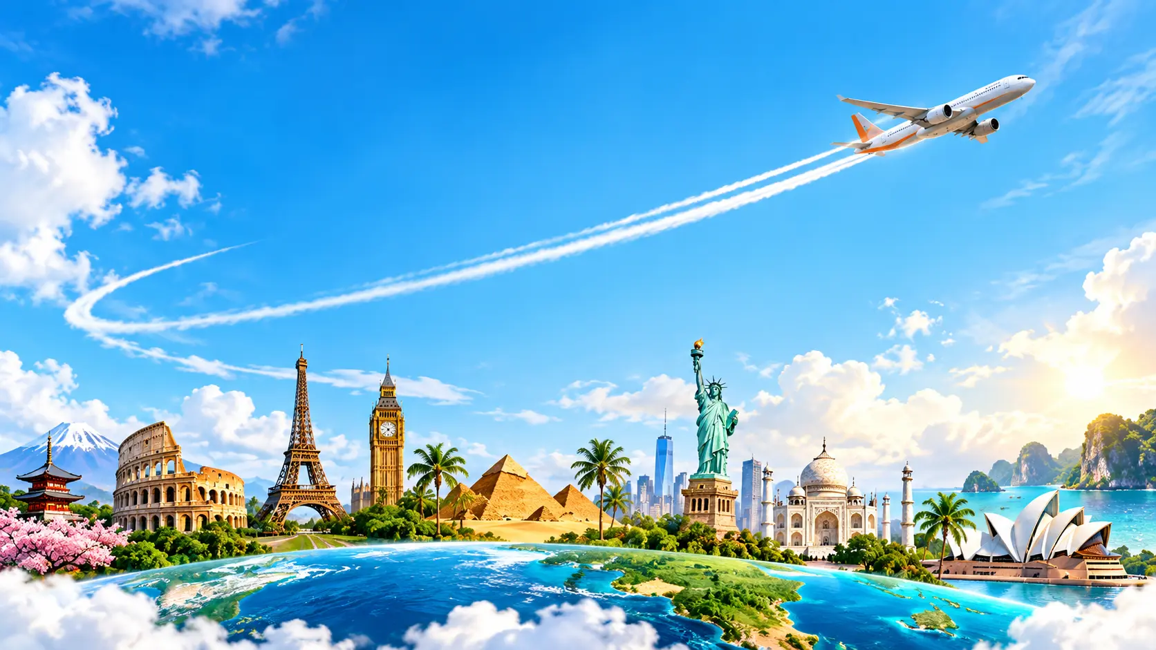 Aircraft flying above international landmarks