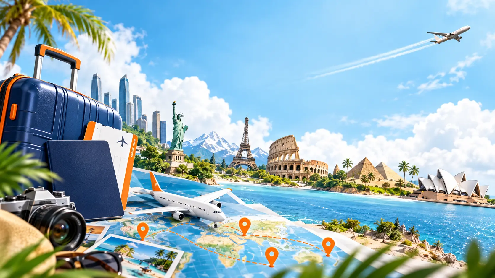 International travel collage with aircraft, luggage and landmarks
